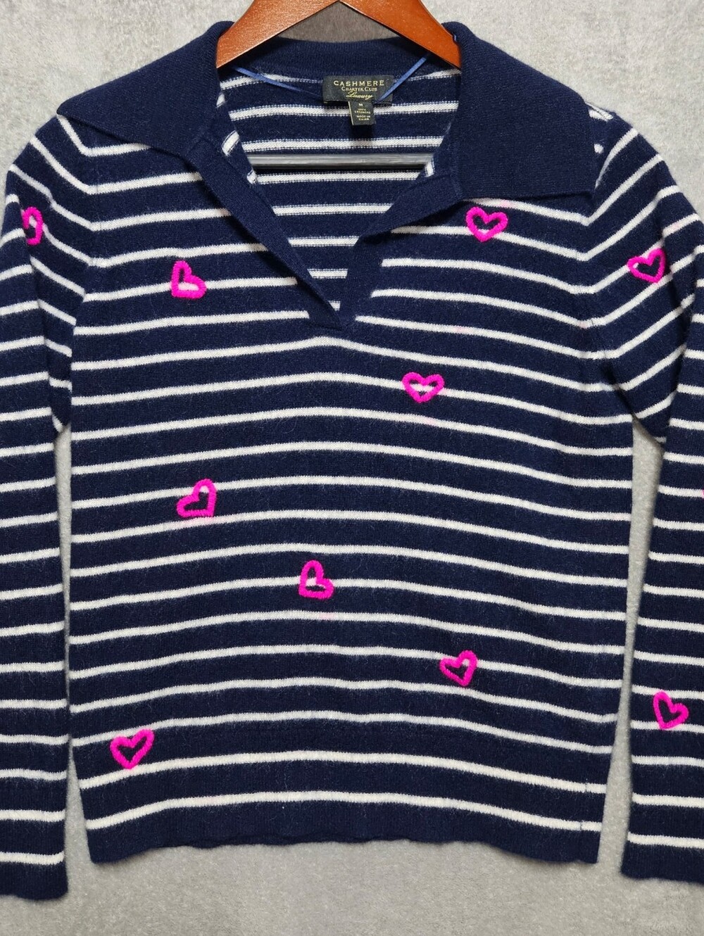 Charter Club Luxury 100% Cashmere Striped Heart-Embroidered Polo Sweater Size M